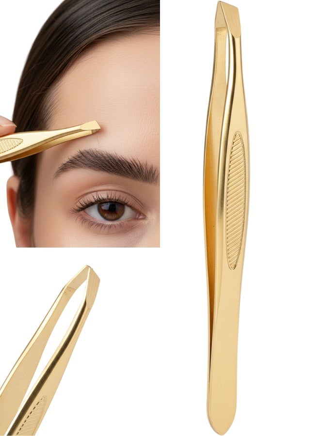 Professional Gold Tweezers with Precision Slanted Tip – High Accuracy Eyebrow Tweezers for Hair Removal from Root – Gold Plated Stainless Steel Beauty Tweezers – Non Slip Grip – Perfect Tip Alignment – Premium Personal Care Grooming Tool for Eyebrows, Face and Fine Hair - Image 1